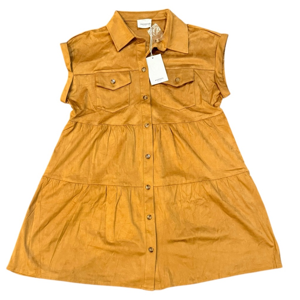Andree By Unit Faux Suede Short Sleeve Tiered Button Dress Collared Womens L - Picture 4 of 10